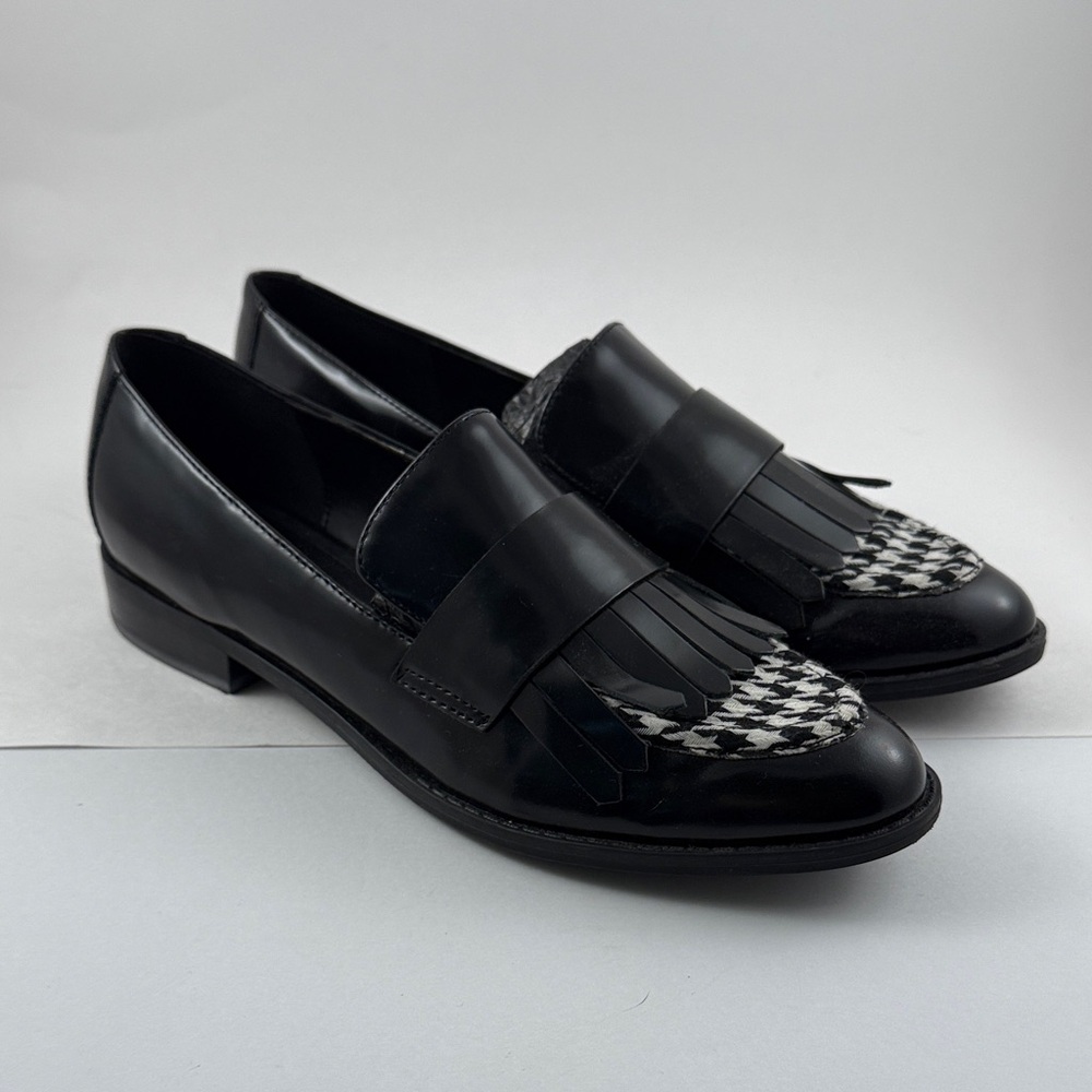 Nine West Black Patent Loafers with Houndstooth Toe Accent
